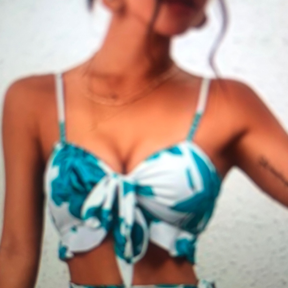 White Bikini with Tropical Floral Turquoise Green Pattern & Ruffles (New)